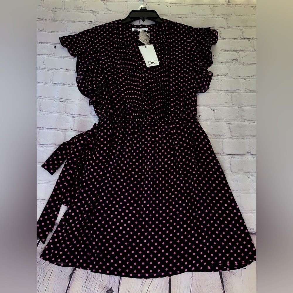 DR2 Nordstrom Pink Polka Dot Ruffle Sleeve Mini Dress PM Petite Medium NWT